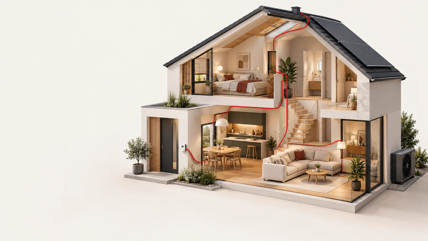 Illustration eines Hauses im Schnitt mit vernetzter Haustechnik
